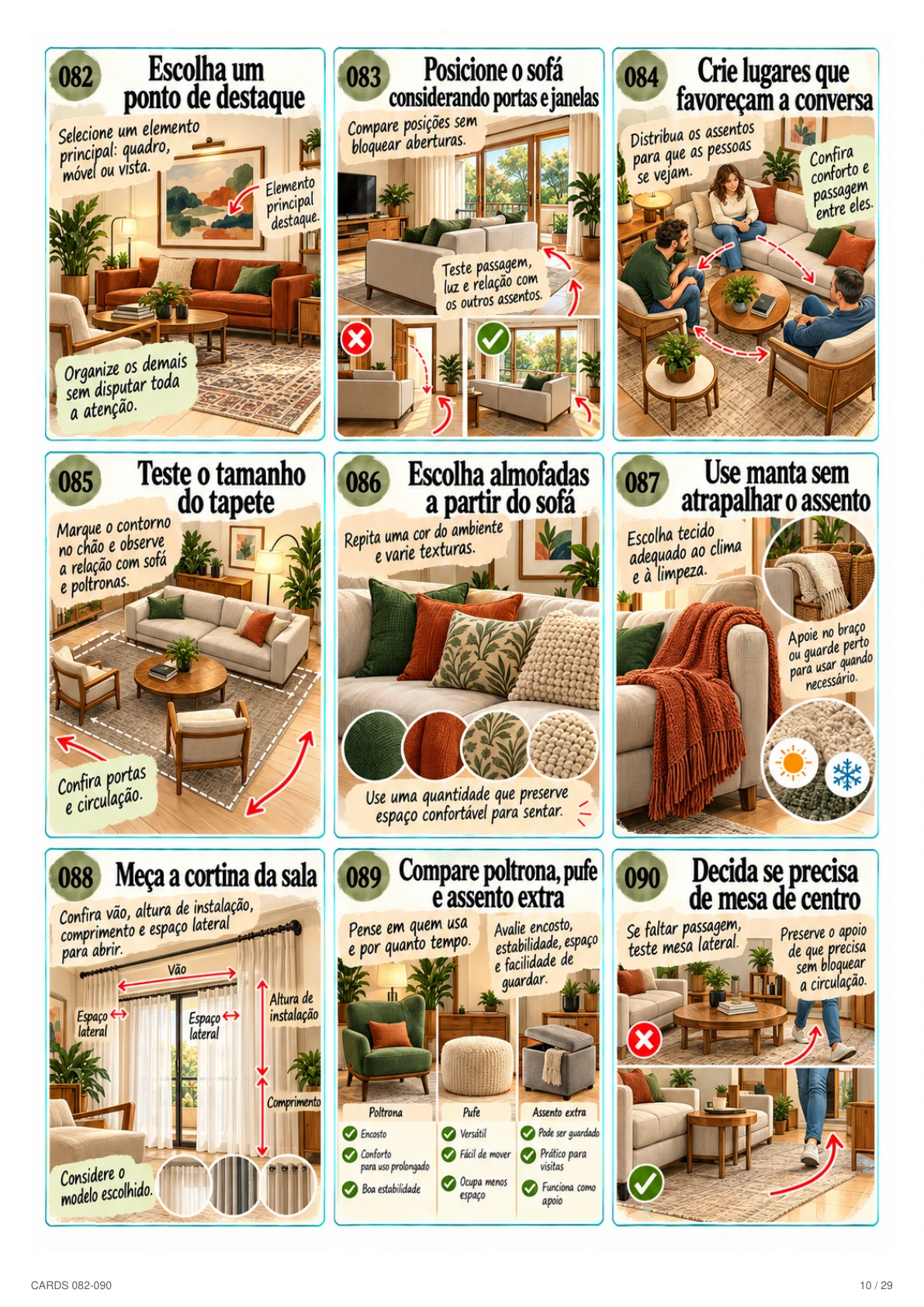 Prévia de uma folha A4 com nove cards ilustrados sobre decoração da sala.